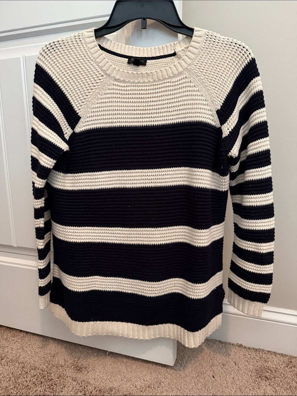 Talbots Black and Cream Striped Crewneck Sweater